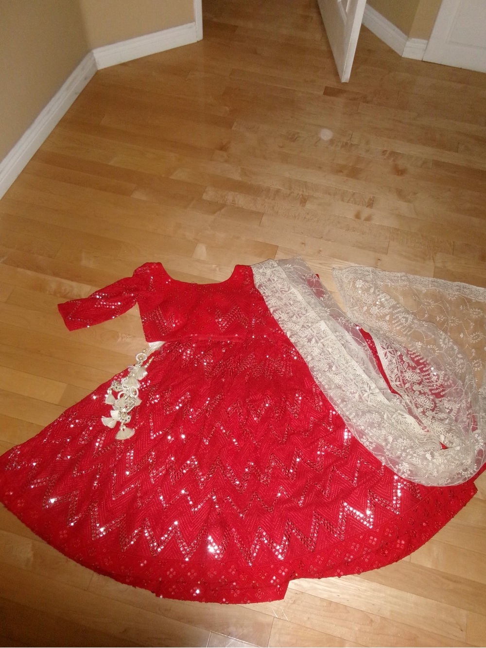 Red Sequined Women's Lehenga with Ivory Lace Dupatta - Theater Ready